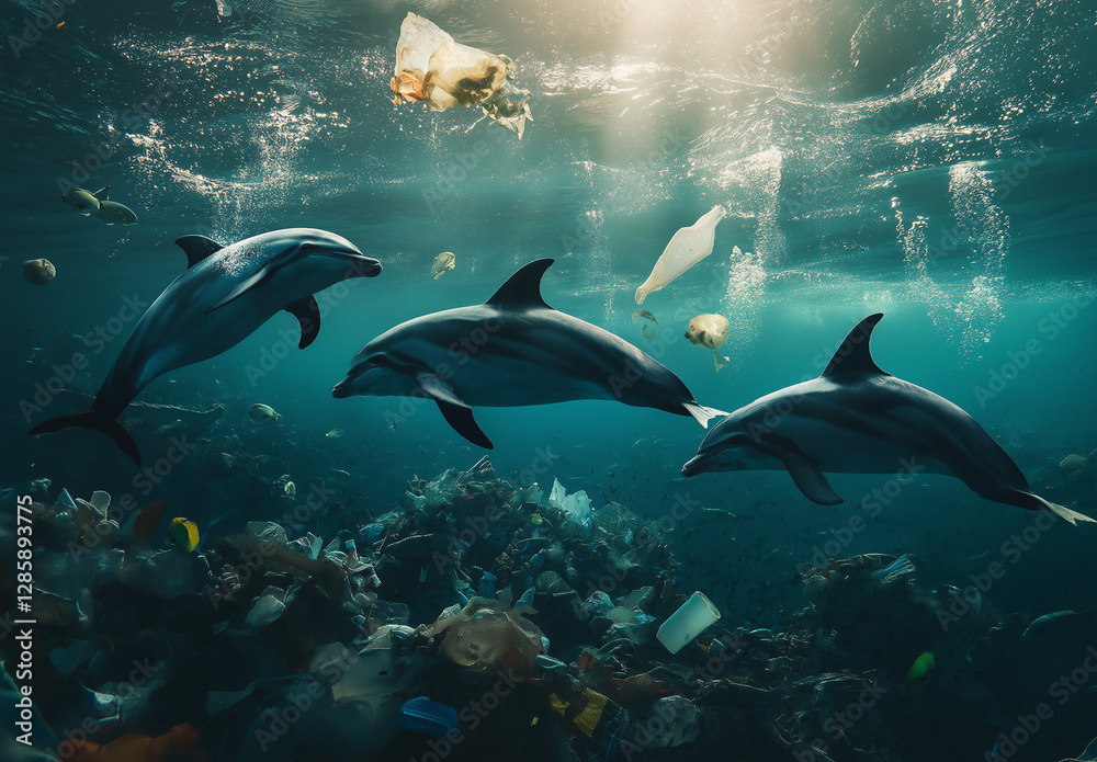 Fototapeta premium Dolphin Dying in Polluted Water: Impact of Water Pollution on Marine Life 
