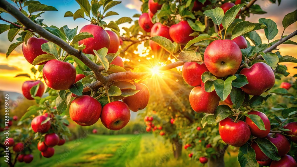 Obraz premium Surreal apples glow crimson on a sunset tree.