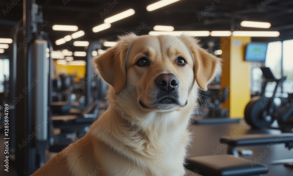 Golden Retriever in a gym setting Golden Retriever in a gym setting