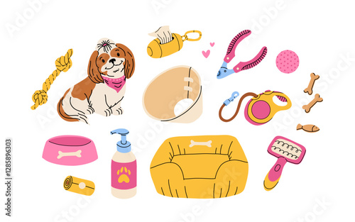 Dog accessories and toys supply set for puppy shop. Veterinary food product and care goods, dog clothes and beds. vector illustration isolated on white background