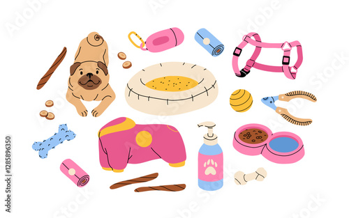 Dog accessories and toys supply set for puppy shop. Veterinary food product and care goods, dog clothes and beds. vector illustration isolated on white background