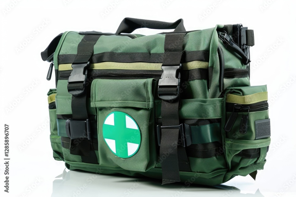 A green military-style medical bag with multiple compartments and straps, ideal for emergency response.