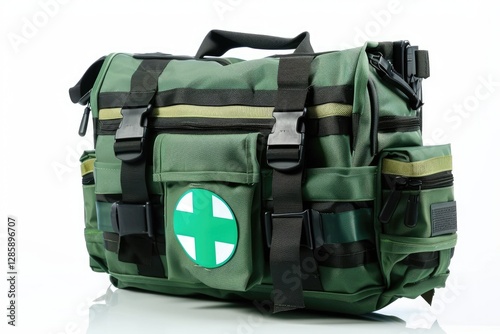 Obraz na płótnie A green military-style medical bag with multiple compartments and straps, ideal for emergency response. w salonie