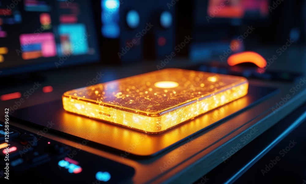 Glowing smartphone on tech workspace Glowing smartphone on tech workspace