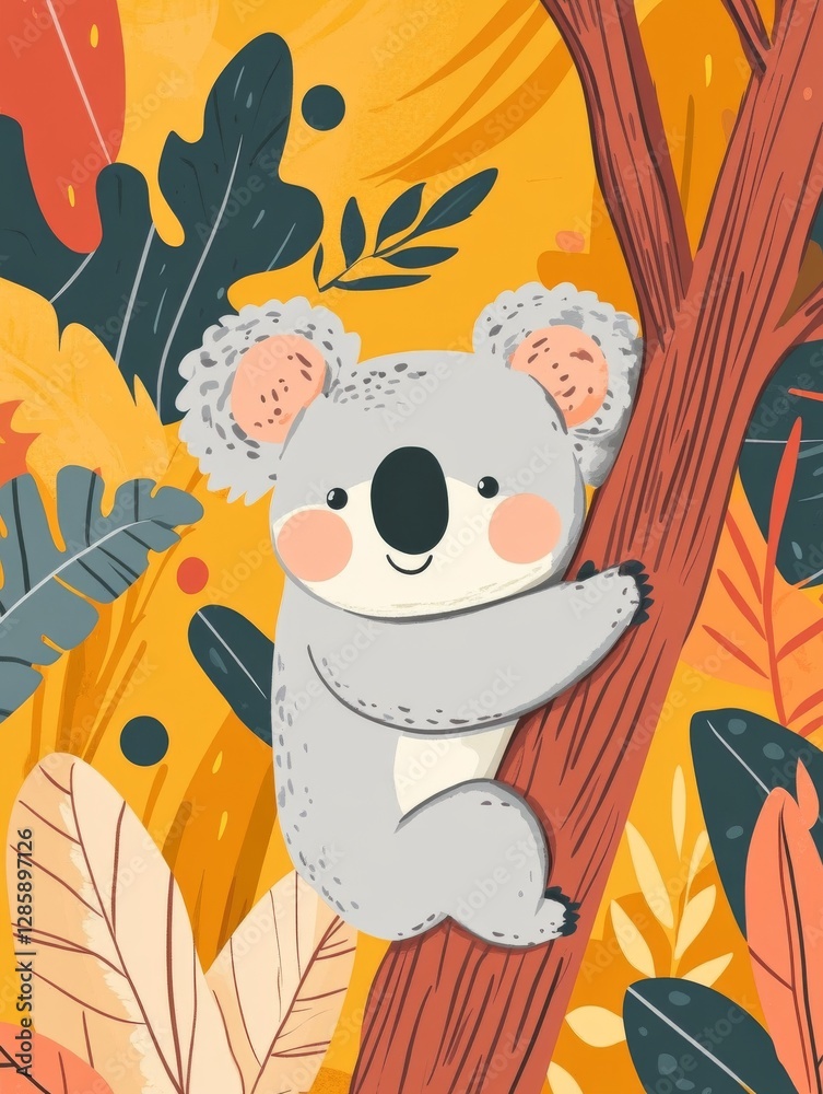 Fototapeta premium Cute koala clinging to a tree in a vibrant autumnal forest