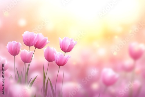 Field of pink flowers with a bright sun in the background. The flowers are in full bloom and the sun is shining brightly, creating a warm and inviting atmosphere