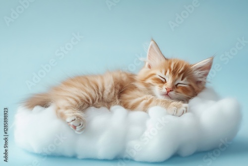 Fluffy red kitten napping on white cloud, floating against pastel blue sky, representing peaceful animal tranquility and dreamy pet imagery