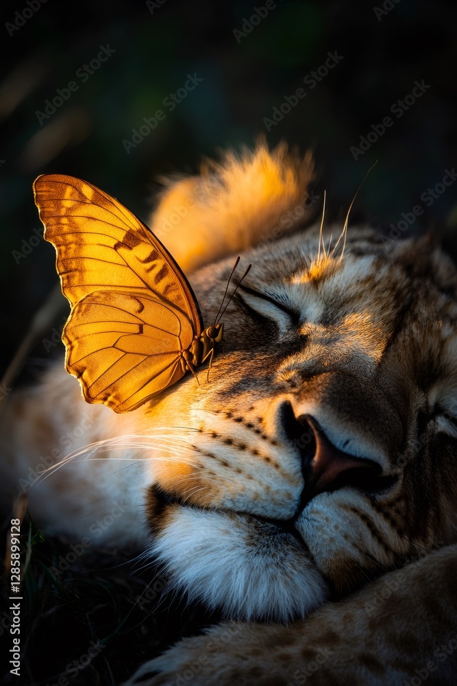Majestic lion resting, golden butterfly delicately perching on fur, embodying tranquil wildlife harmony Majestic lion resting, golden butterfly delicately perching on fur, embodying tranquil wildlife harmony