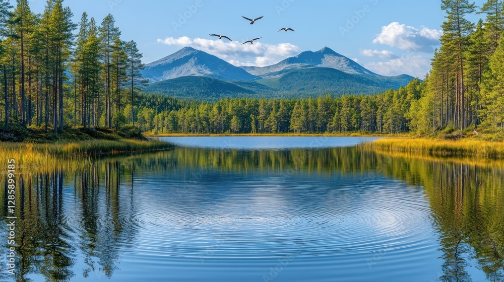 Fototapeta premium Serene mountain lake, birds flying, autumnal forest reflections