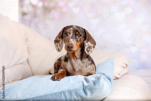 Foto Brown dapple marble  miniature dachshund puppy studio portrait in spring colours