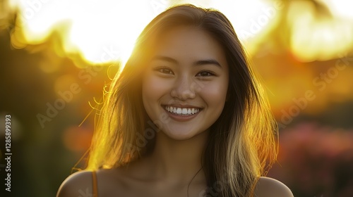 This captivating image showcases the beauty and charm of youth, with the warm colors of the sunset adding a touch of romance and tranquility