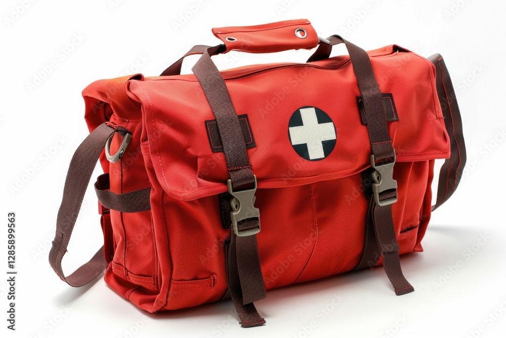 Red medical bag with brown straps and a white cross on a transparent background.