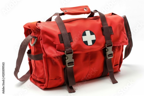 Obraz na płótnie Red medical bag with brown straps and a white cross on a transparent background. w salonie