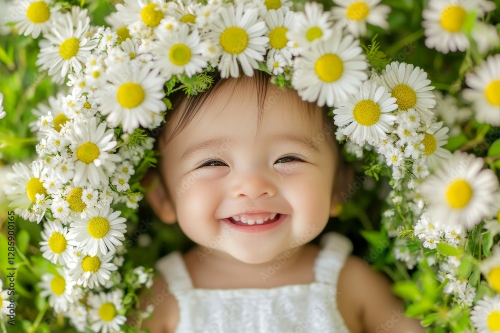 Happy asian infant girl wearing white flower circlet on her head. Sunny daylight. Happy warm season symbol. Radiant holiday fun for kids. Happy childhood memories in summer. Summer joy for kid. Happy asian infant girl wearing white flower circlet on her head. Sunny daylight. Happy warm season symbol. Radiant holiday fun for kids. Happy childhood memories in summer. Summer joy for kid.