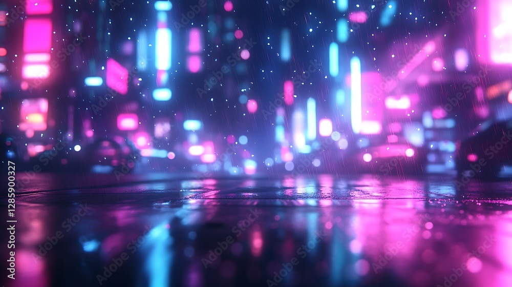Fototapeta premium A vibrant urban scene with neon lights reflecting on a wet street during rain.