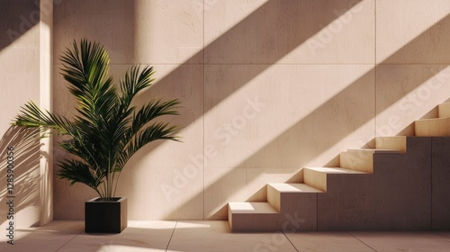 Minimalist interior with stairs, plant, and sunlight shadows