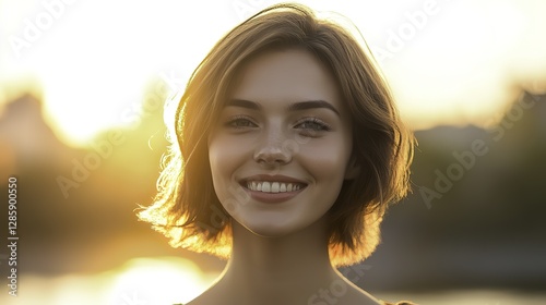 This captivating image showcases the beauty and charm of youth, with the warm colors of the sunset adding a touch of romance and tranquility