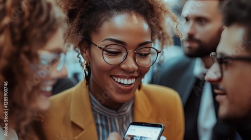 Young successful woman smiling and enyoing in ofice with other people - team building	
