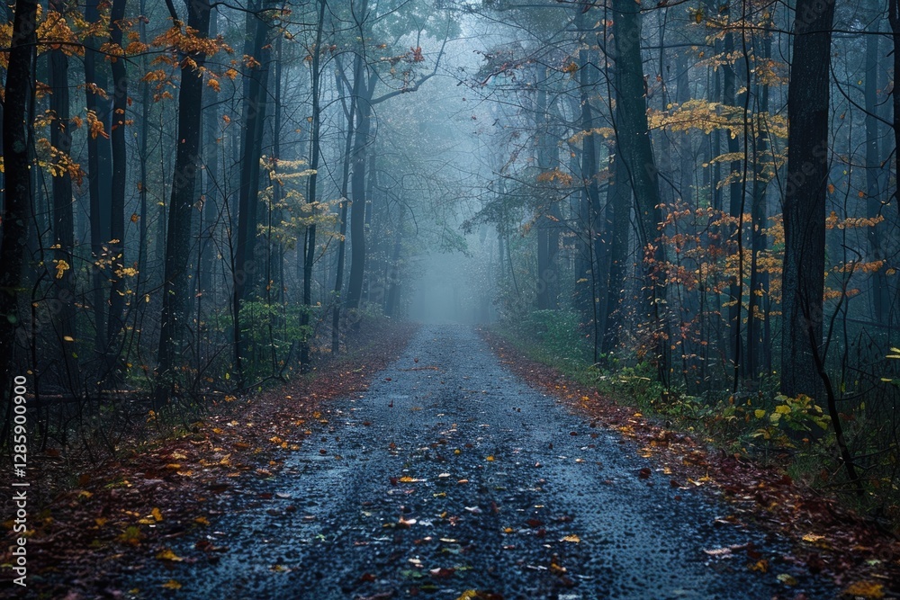 Fototapeta premium A misty autumn path winds through a dark forest, fallen leaves scattered on the wet road.