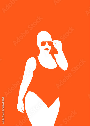 Silueta de chica con curvas en bikini en espacio negativo. Modelo de talla grande de pie en traje de baño y gafas de sol 