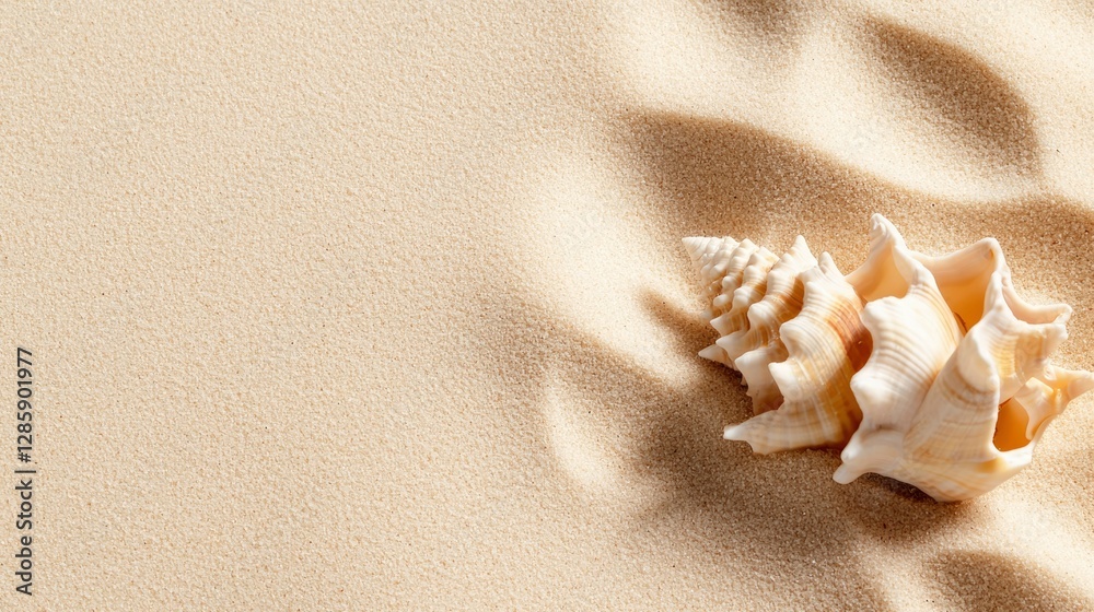 Seashell on rippled sand beach, copy space, summer vacation background Seashell on rippled sand beach, copy space, summer vacation background