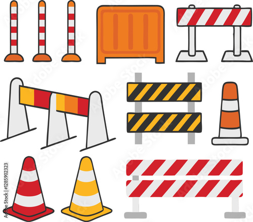 Road barrier and street barriers set. Vector illustration