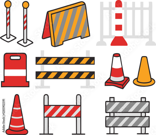 Road barrier and street barriers set. Vector illustration