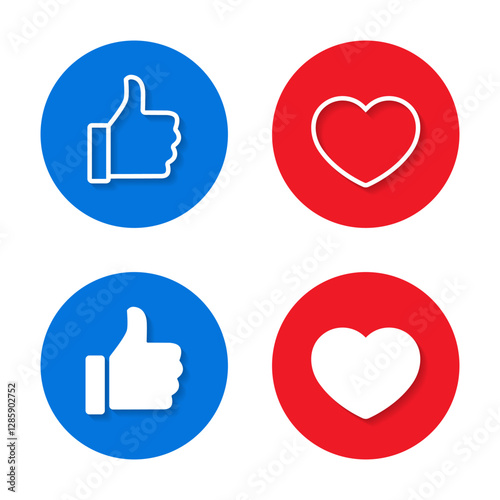 Like and love icon with shadow. Thumb up and heart sign symbol