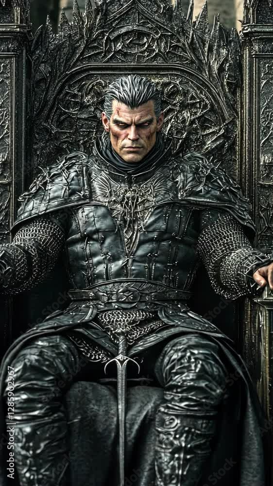 Warrior king seated on ornate throne in a dark, medieval setting with dramatic armor and powerful presence Warrior king seated on ornate throne in a dark, medieval setting with dramatic armor and powerful presence