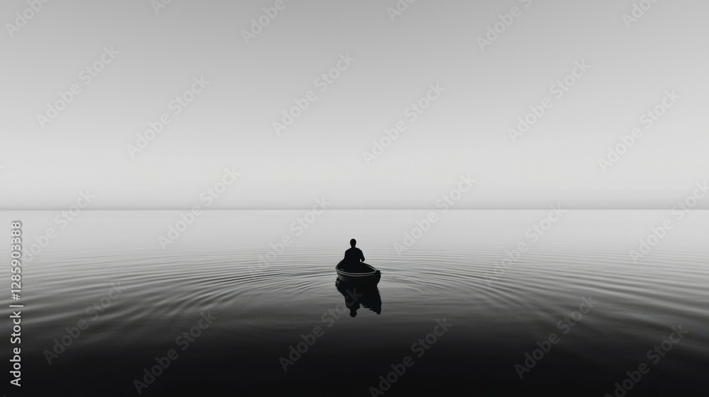 Lone paddler on calm water at dawn, minimalist waterscape Lone paddler on calm water at dawn, minimalist waterscape