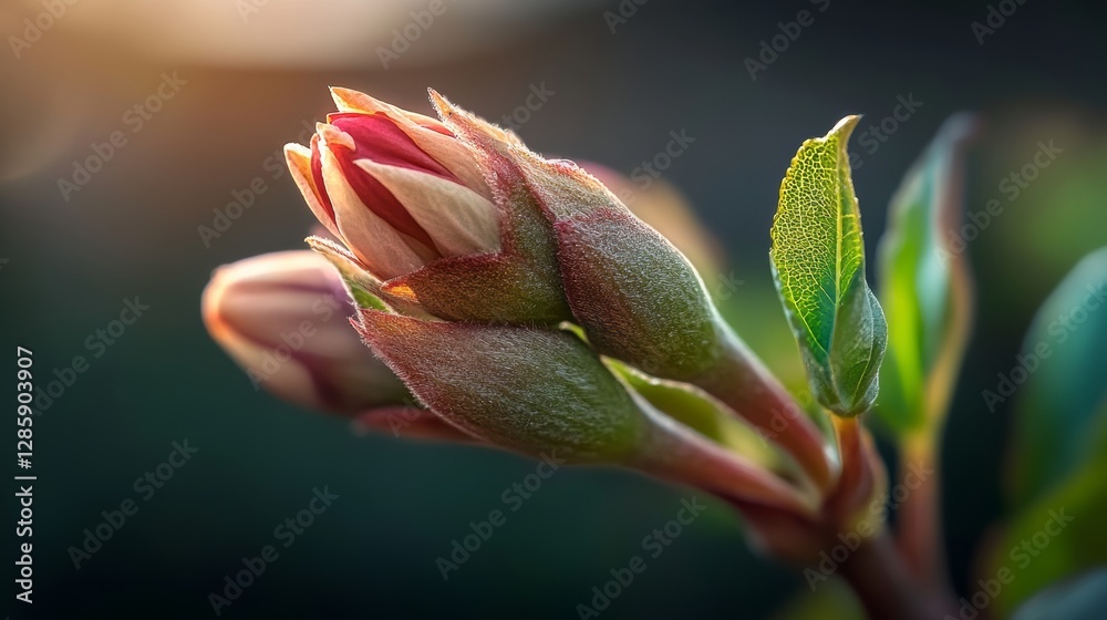 Close up of a flower bud with a green leaf on top. The bud is pink and white