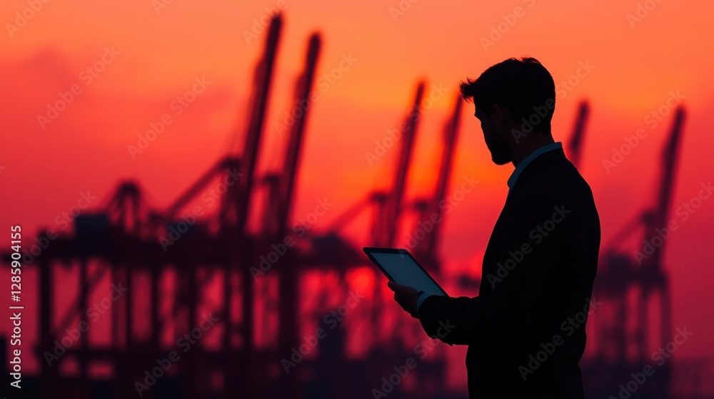 Fototapeta premium Engineering silhouette of industrial cranes concept. Silhouetted Industrial Cranes Stretching Across an Orange Sunset Skyline