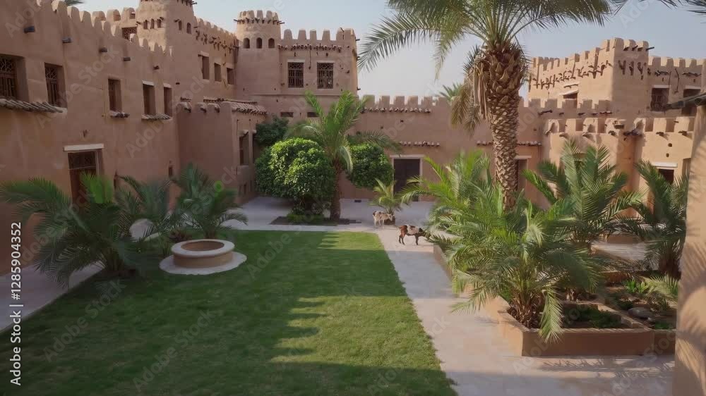 A beautifully designed courtyard showcasing abundant lush greenery, elegant palm trees, and an inviting fountain A beautifully designed courtyard showcasing abundant lush greenery, elegant palm trees, and an inviting fountain