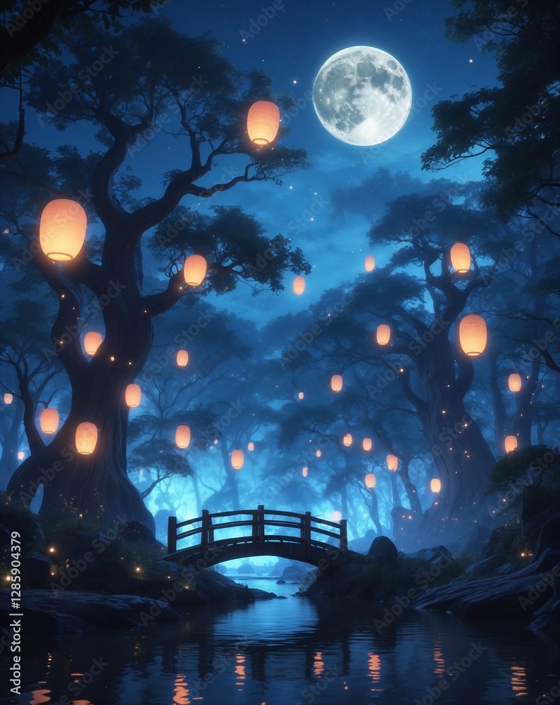 Obraz premium A mystical anime-style forest at night, illuminated by glowing floating lanterns drifting through the air. 