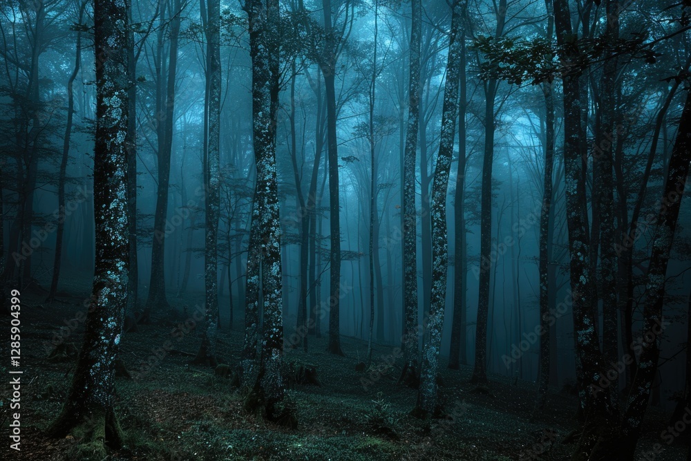Obraz premium Enigmatic dark forest scene shrouded in mist, tall trees create a mysterious atmosphere.