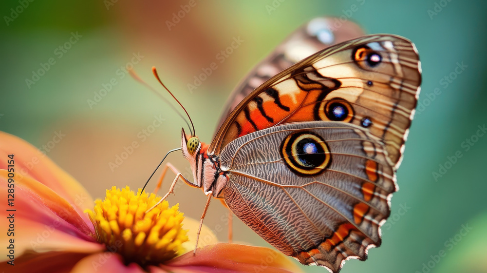 Fototapeta premium Detailed macro shot of a vibrant butterfly resting on a flower its intricate wing patterns and the flower's bright colors create a visually stunning image capturing the delicate beauty of nature