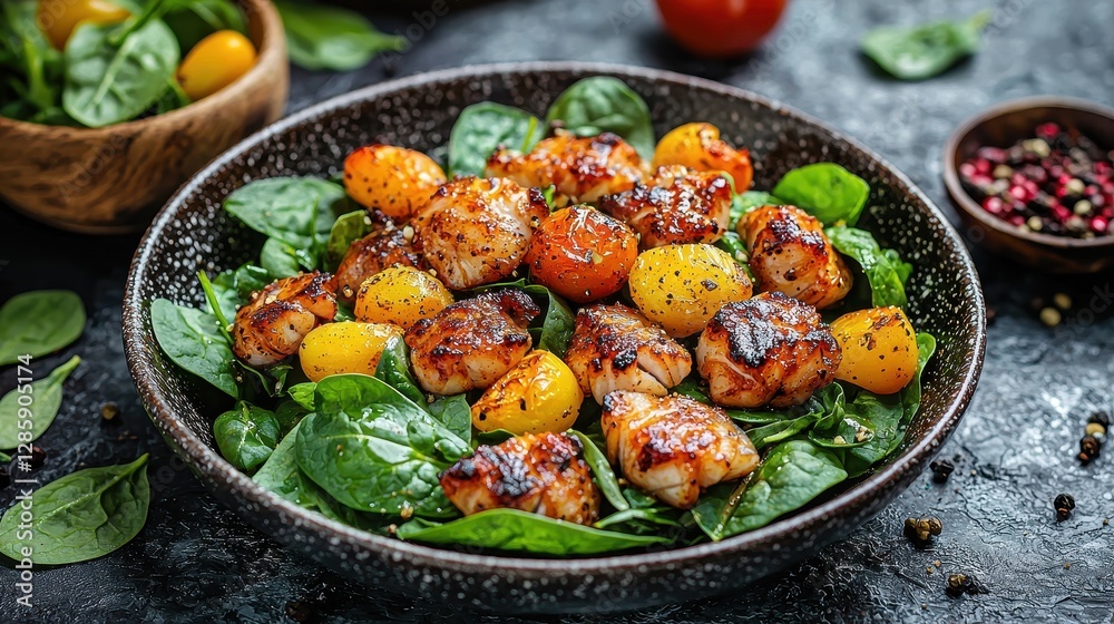 Delicious Seared Scallop Salad with Cherry Tomatoes and Fresh Spinach Delicious Seared Scallop Salad with Cherry Tomatoes and Fresh Spinach