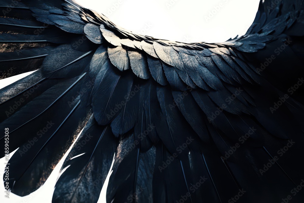 Obraz premium majestic obsidian wings unfurling against ethereal white backdrop dramatic shadows and feather detail creating supernatural atmosphere