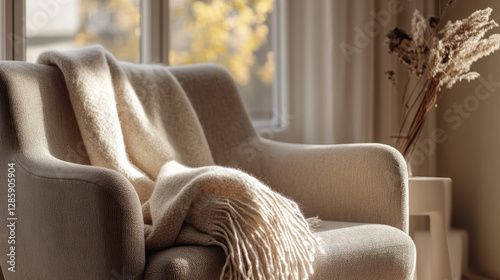 Cozy beige armchair with a soft throw blanket creating a warm and inviting atmosphere perfect for relaxation and comfort in a home interior setting