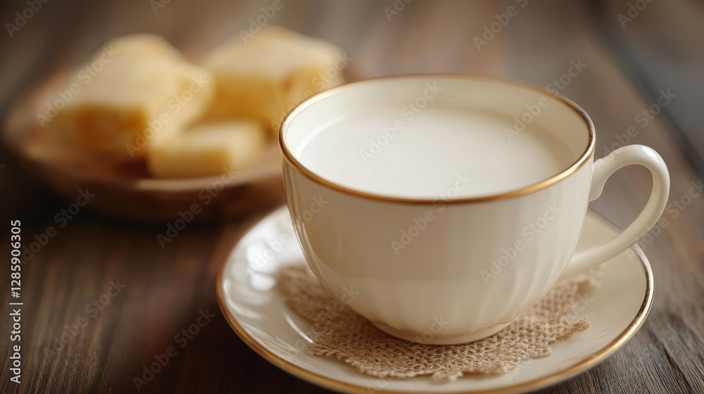 Elegant porcelain cup of creamy milk tea paired with delicate cheese cubes on a rustic wooden table for a comforting and visually appealing gourmet experience Elegant porcelain cup of creamy milk tea paired with delicate cheese cubes on a rustic wooden table for a comforting and visually appealing gourmet experience