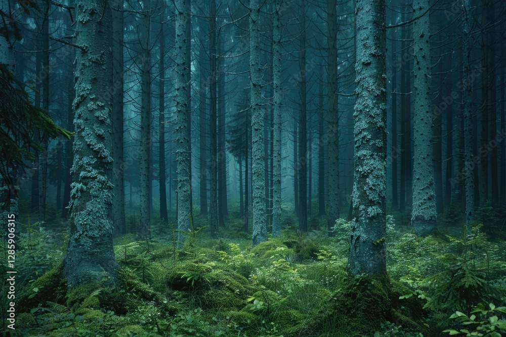 Obraz premium A misty, dark forest with tall trees and lush green undergrowth, creating a mysterious and enchanting atmosphere.