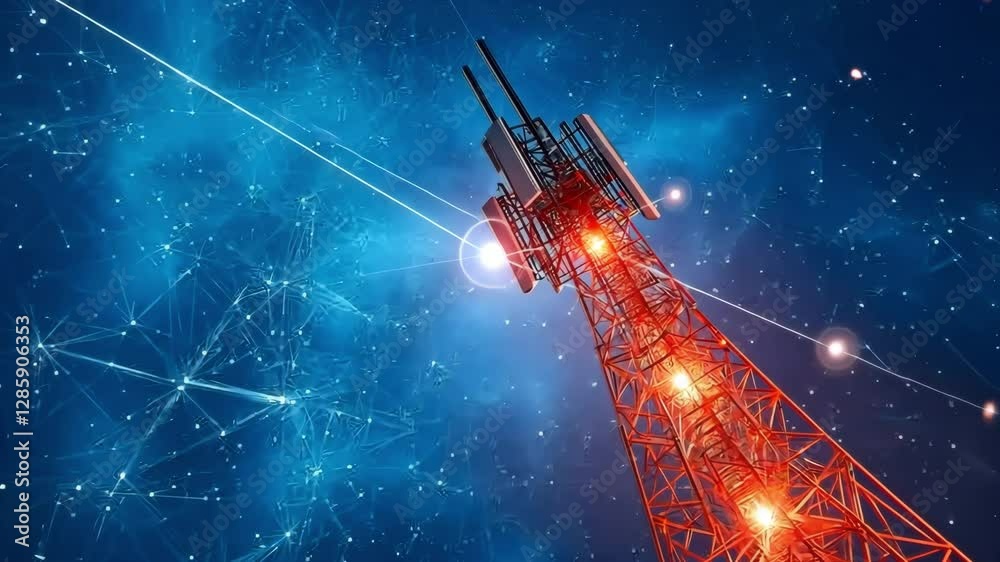 A low-poly wireframe digital telecommunication tower with antennas