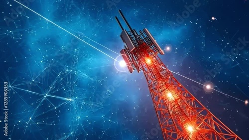 A low-poly wireframe digital telecommunication tower with antennas