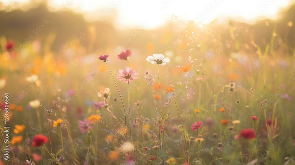 Obraz premium Dreamy field of cosmos flowers bathed in the warm glow of golden hour creating a serene and picturesque natural landscape filled with vibrant colors and textures