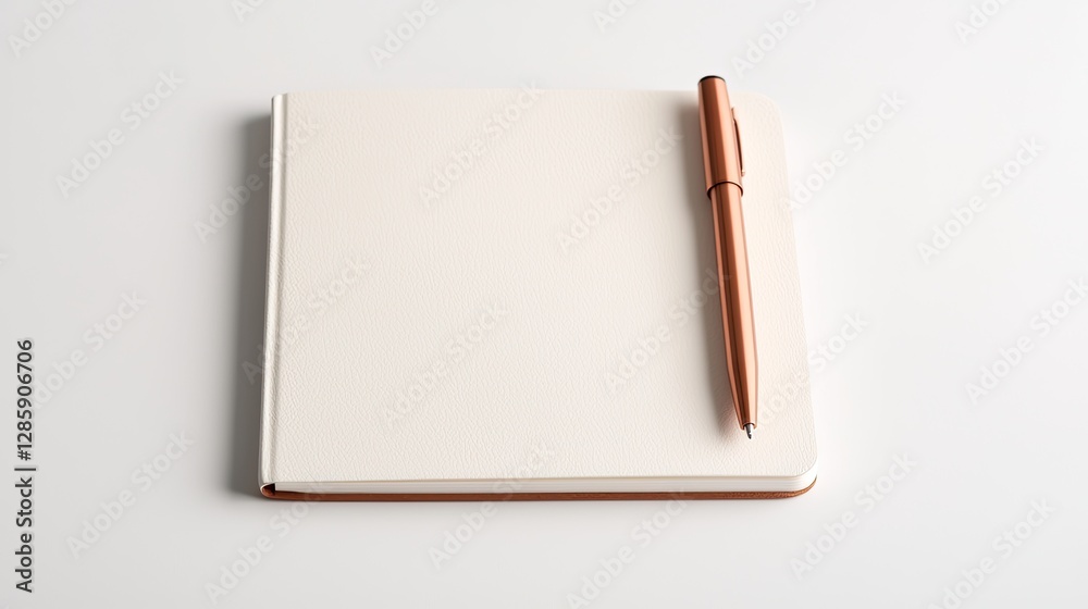 A simple, elegant notebook lies on a smooth surface alongside a sleek pen, inviting creativity and ideas.