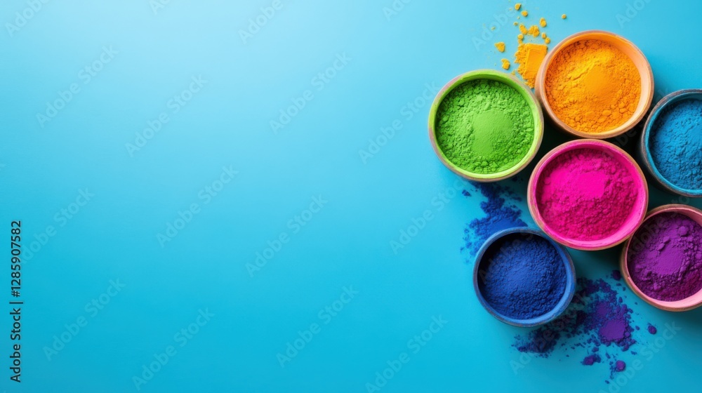 Vibrant colored powders in bowls on a blue background
