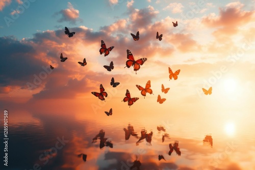 Wallpaper Mural Butterflies flying over tranquil water at sunset Torontodigital.ca