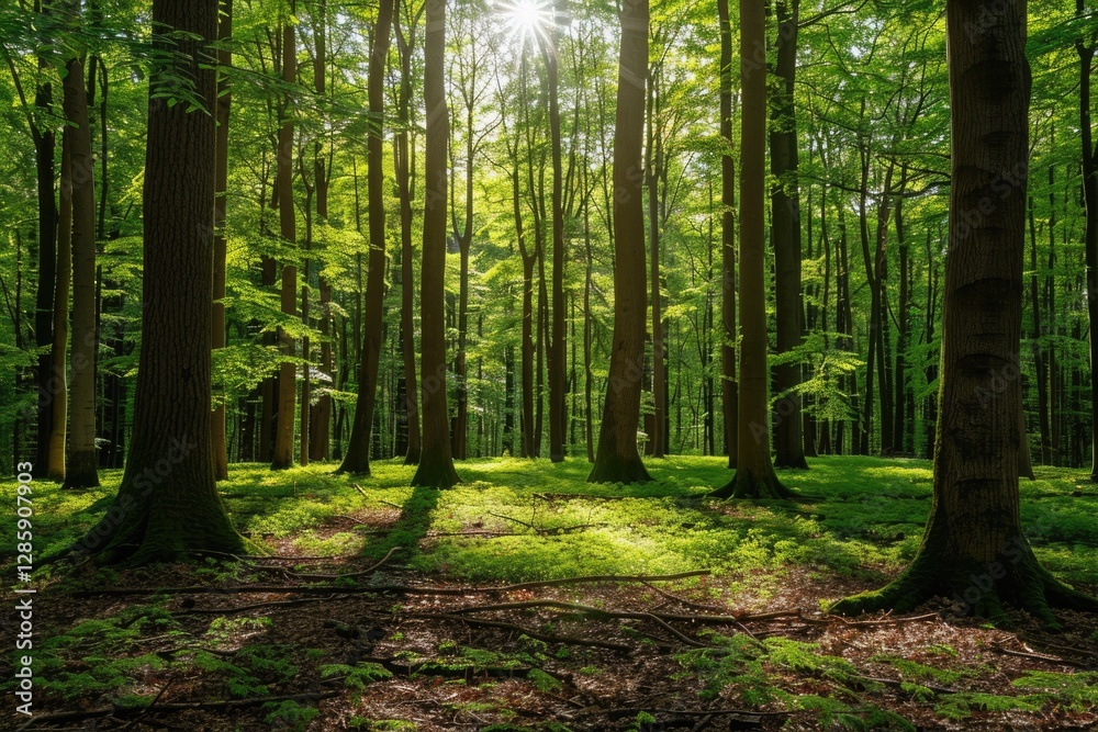 Sunbeams illuminate a lush green forest floor, tall trees casting shadows, a tranquil scene. Sunbeams illuminate a lush green forest floor, tall trees casting shadows, a tranquil scene.
