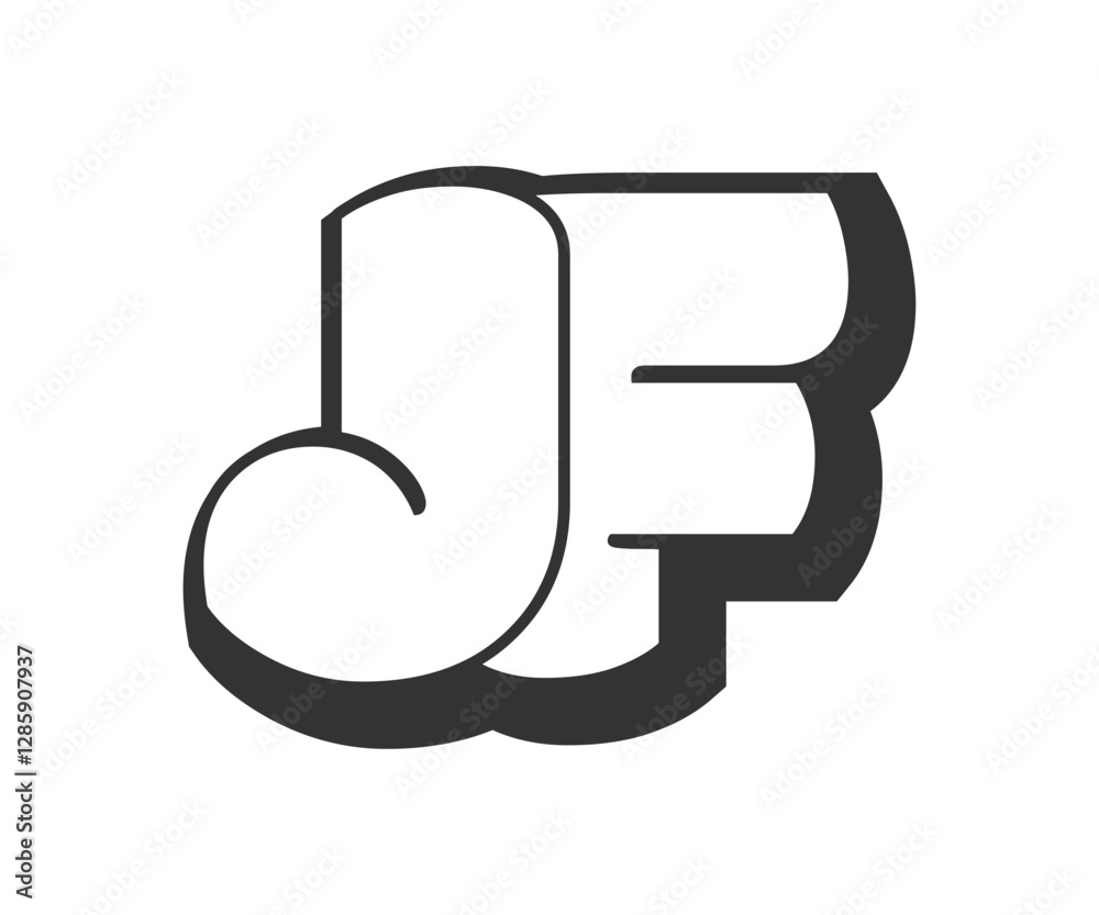 JF logo, bubble comic lettering, rounded in graffiti style black and white silhouette. Trendy preschool J and F letter text for festival party, personal initials, children funky print and web. JF logo, bubble comic lettering, rounded in graffiti style black and white silhouette. Trendy preschool J and F letter text for festival party, personal initials, children funky print and web.