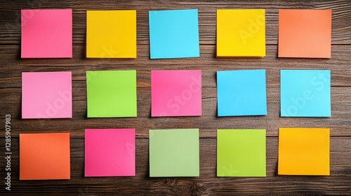 A vibrant arrangement of sticky notes in various colors on a wooden surface, ideal for organizing thoughts or brainstorming ideas.
